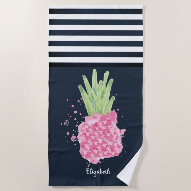 Serviette De Plage Aquarelle rose ananas bleu rayé (Devant)
