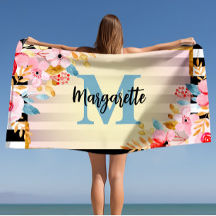 Serviette De Plage Aquarelle rose d'été Monogramme floral et nom