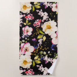 Serviette De Plage Aquarelle rose Roses Jaunes Arrière - plan noir