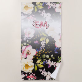 Serviette De Plage Aquarelle rose Roses jaunes sur noir, Monogramme