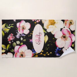 Serviette De Plage Aquarelle rose Roses jaunes sur noir, Monogramme
