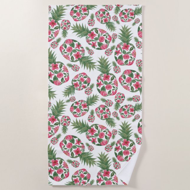 Serviette De Plage Aquarelle rose vert Motif d'ananas Floral (Devant)