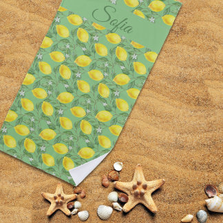 Serviette De Plage Aquarelle rouge citron jaune rustique motif vert