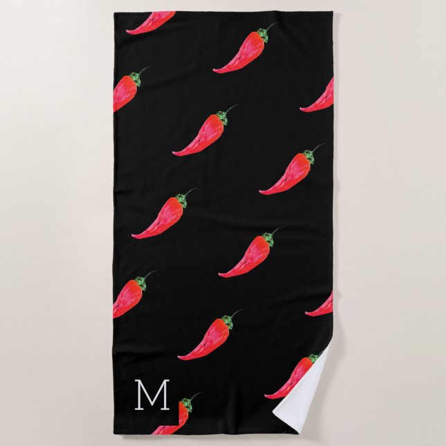 Serviette De Plage Aquarelle rouge poivrons initiaux (Devant)