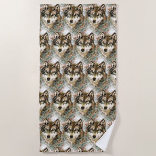 Serviette De Plage Aquarelle Tête de loup Gris noir blanc
