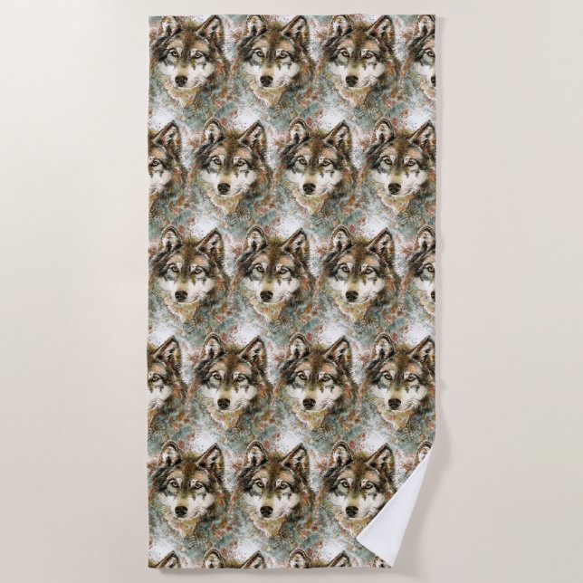 Serviette De Plage Aquarelle Tête de loup Gris noir blanc (Devant)