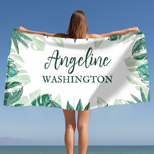 Serviette De Plage Aquarelle tropicale Palm Feuilles Nom personnalisé (Tropical Watercolor Palm Leaves Custom Name Beach Towel)