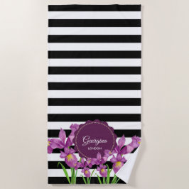 Serviette De Plage Aquarelle violet Iris noir blanc Motif