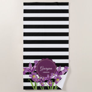 Serviette De Plage Aquarelle violet Iris noir blanc Motif