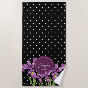 Serviette De Plage Aquarelle violet Iris noir blanc Pois