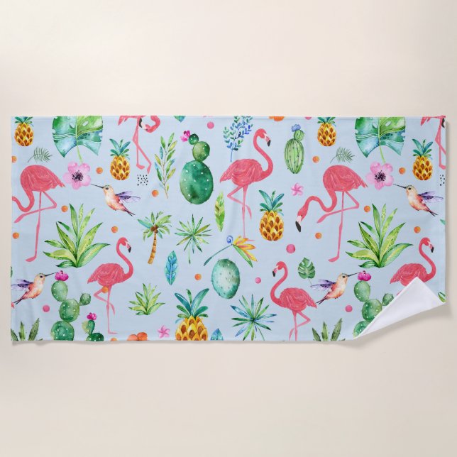 Serviette De Plage Aquarelles modernes fleurs et Flamants roses tropi (Devant)