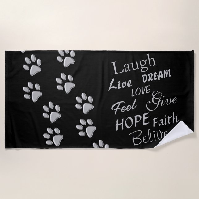 Serviette De Plage Arrière - plan noir Silver Dog Paws Motif d'impres (Devant)