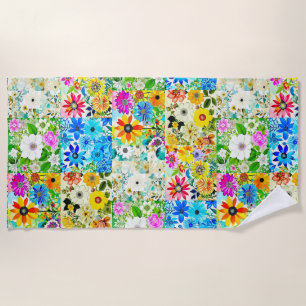 Serviette De Plage Art de patchwork floral aquarelle fleurs