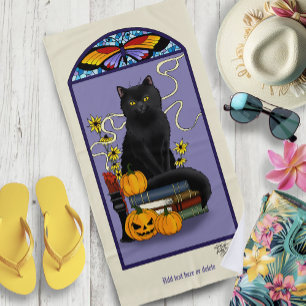 Serviette De Plage Art Nouveau Chat Noir Citrouille Violet Automne Ja