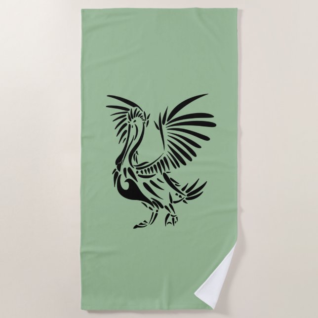 Serviette De Plage Art Pélican Tribal sur le vert (Devant)