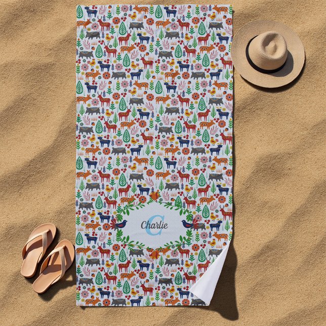 Serviette De Plage Art populaire scandinave Monogramme Motif Boho Mod (Créateur téléchargé)