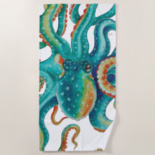 Serviette De Plage Art turquoise d'aquarelle de poulpe
