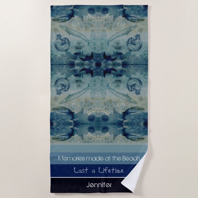 Serviette De Plage Artsy bleu sable vert couleur côtière personnalisé (Devant)