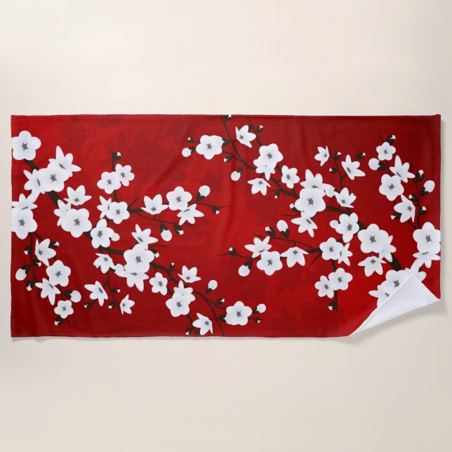 Serviette De Plage Asie Floral blanc cerisier rouge (Devant)