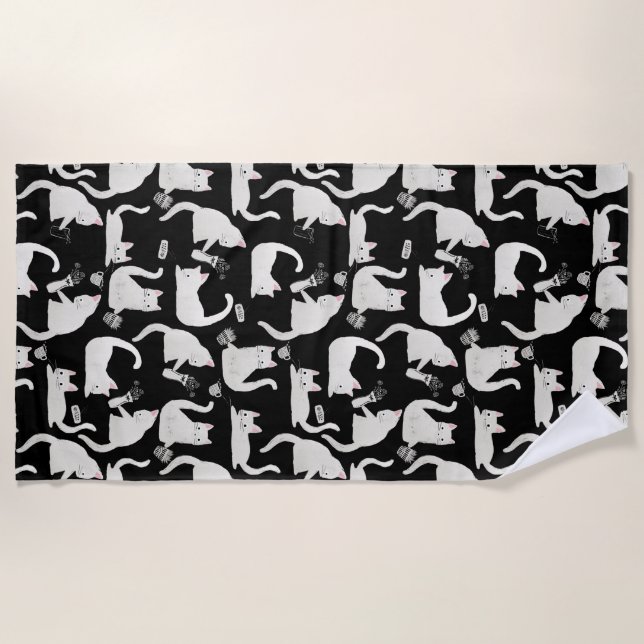 Serviette De Plage Bad Cats Knocking Stuff Over, White Cats on Black (Devant)