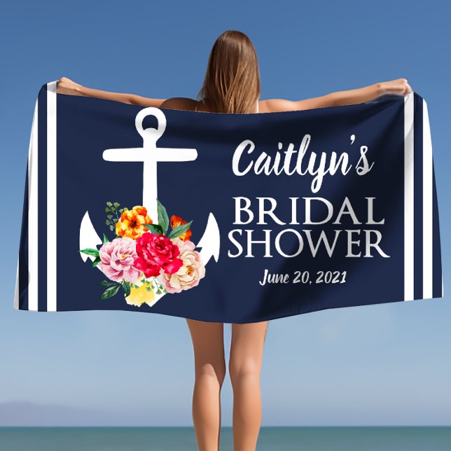 Serviette De Plage Baigneuse d'enterrement de vie de jeune fille pers (Personalized Floral Anchor Bridal Shower Beach Beach Towel)