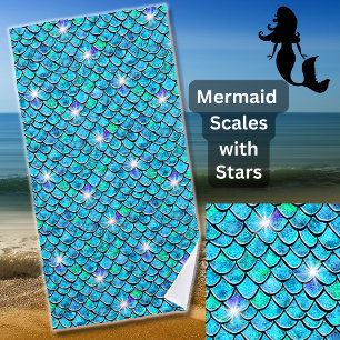 Serviette De Plage Balances de sirène Aqua Blue avec étoiles blanches