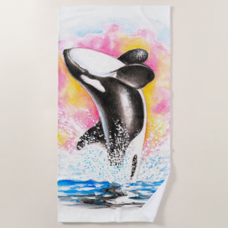 Serviette De Plage Baleine d'Orca Aquarelle arc-en-ciel