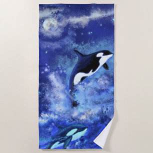 Serviette De Plage Baleines tueuses en Pleine lune - Dessin artistiqu