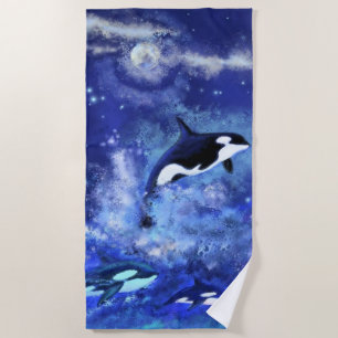 Serviette De Plage Baleines tueuses en Pleine lune - Dessin artistiqu