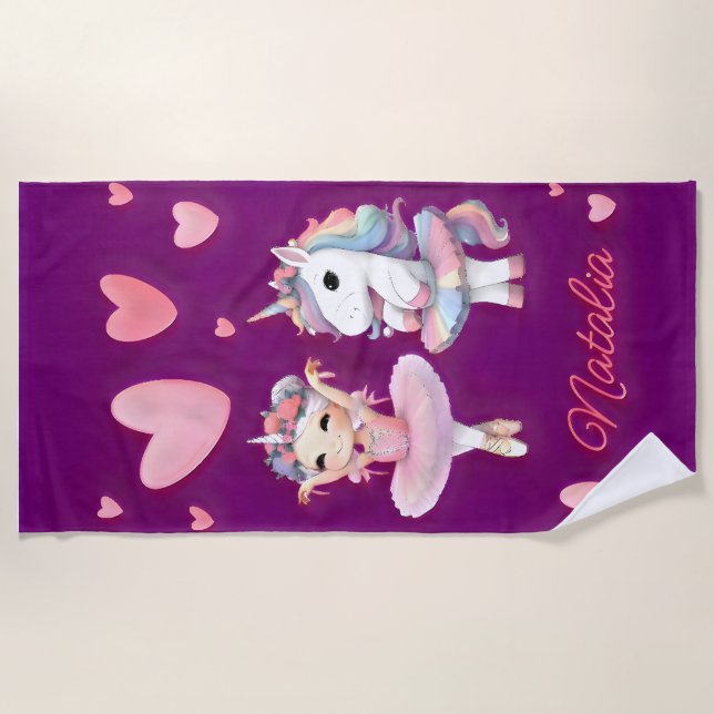 Serviette De Plage Ballerina violette mignonne Unicorn (Devant)