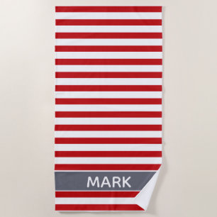 Serviette De Plage Bande de cabane blanche et rouge gris personnalisé