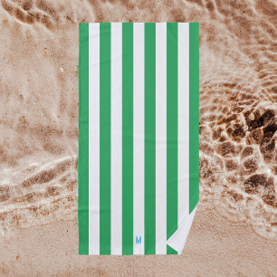 Serviette De Plage Bande de cabane verte et monogramme bleu personnal