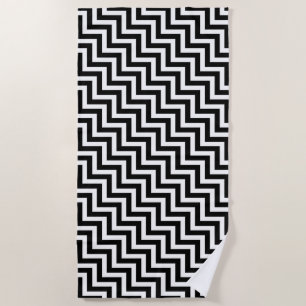 Serviette De Plage Bande de Chevron noire et blanche moyenne diagonal