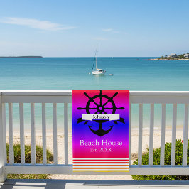Serviette De Plage Bandeaux à rayures blanches personnalisés et ancre