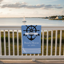 Serviette De Plage Bandes à rayures blanches personnalisées et ancre