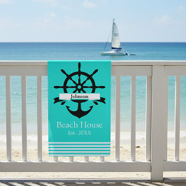 Serviette De Plage Bandes à rayures blanches personnalisées et ancre