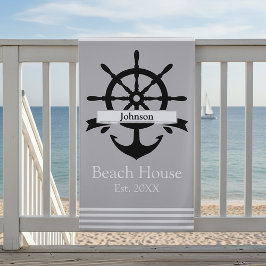 Serviette De Plage Bandes à rayures blanches personnalisées et ancre