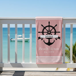Serviette De Plage Bandes à rayures blanches personnalisées et ancre