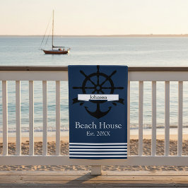 Serviette De Plage Bandes à rayures blanches personnalisées et ancre
