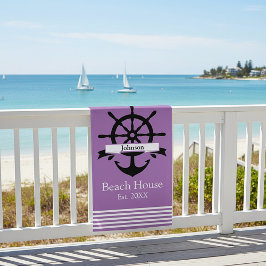Serviette De Plage Bandes à rayures blanches personnalisées et ancre