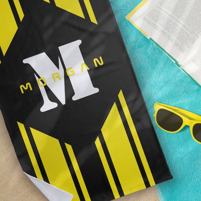Serviette De Plage Bandes de course jaune noir Monogramme (Créateur téléchargé)