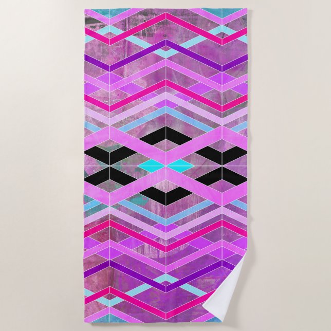 Serviette De Plage Bandes de croisement géométriques violettes roses  (Devant)
