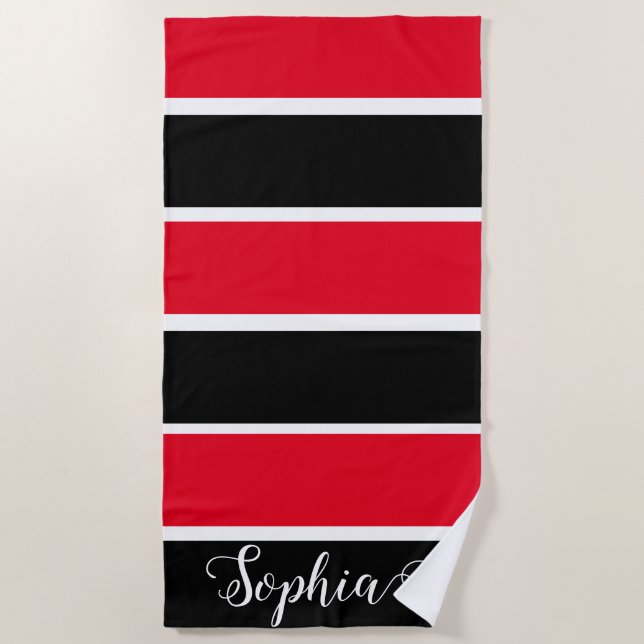 Serviette De Plage Bandes De Nom Personnalisées Rouge Et Noir (Devant)