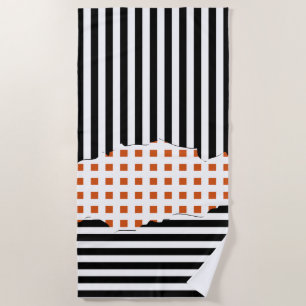 Serviette De Plage Bandes Élégantes Net Noir, Blanc, Orange