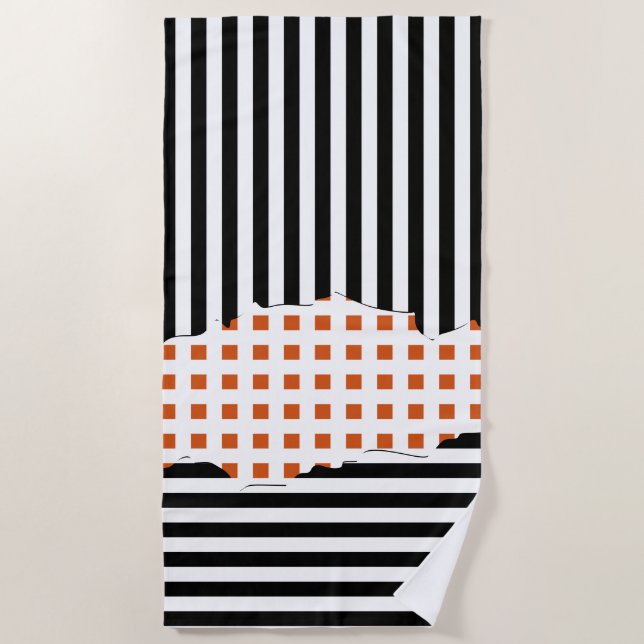 Serviette De Plage Bandes Élégantes Net Noir, Blanc, Orange (Devant)