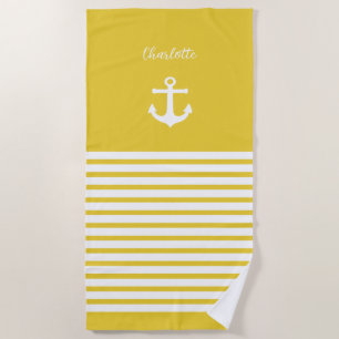 Serviette De Plage Bandes jaunes et blanches Nautiques Personnalisées