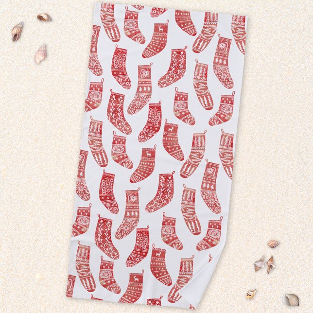 Serviette De Plage Bas nordiques Rouge Blanc (Nordic Stockings red and white Scandinavian festive Christmas pattern beach towel)