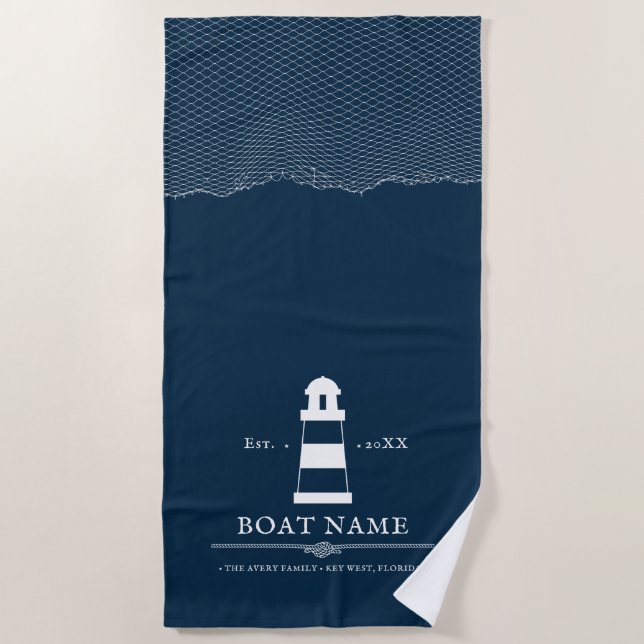 Serviette De Plage Bateau phare personnalisé Nautical Blue (Devant)