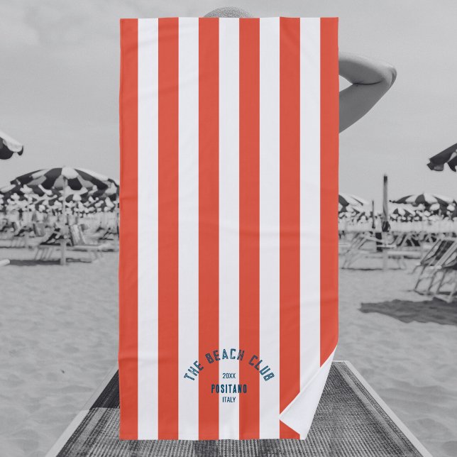 Serviette De Plage Beach Club Blue Crest OrangeRed Cabana Stripe (Créateur téléchargé)