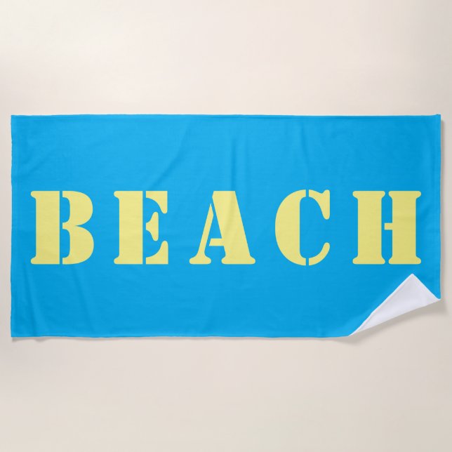 Serviette De Plage BEACH Grandes Lettres au crayon jaune sur le bleu  (Devant)